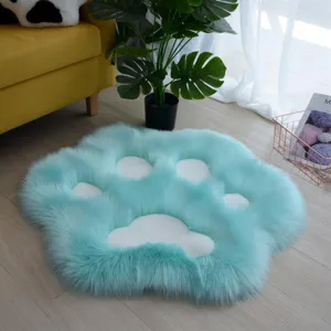 Cute blue cat paw fluffy rug for bedroom, soft plush floor mat and living room decor.