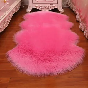 Pink faux fur rug, fluffy plush sheepskin carpet for bedroom living room sofa cushion floor mat.