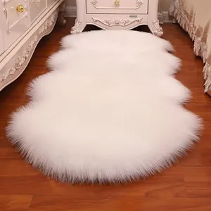 White faux sheepskin fluffy rug, soft plush carpet runner for bedroom living room floor.