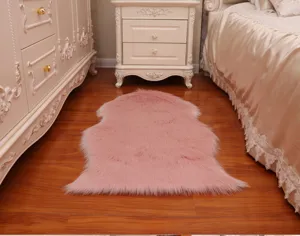 Pink faux fur rug for bedroom bedside, fluffy sheepskin shaped carpet for living room sofa.