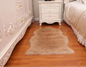 Detailed shot of fluffy faux wool bedroom bedside carpet, soft plush texture, khaki floor mat.
