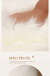 Fluffy white faux fur cushion detail shot, ultra soft texture for comfortable home decor.