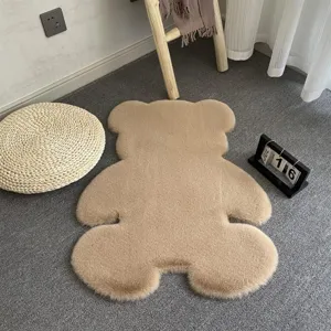Cute bear shaped plush rug detail, soft rabbit fur texture floor mat for bedroom or kids room.