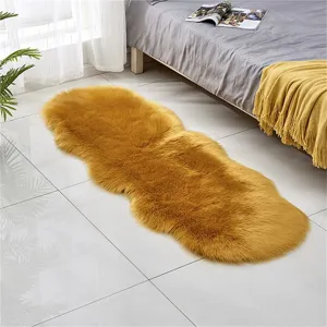 Yellow faux fur bedside rug, fluffy soft shaggy floor mat for bedroom and living room
