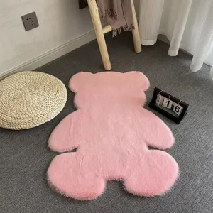 Pink bear shaped faux rabbit fur plush rug, soft bedside fluffy carpet for bedroom home decor