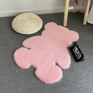 Pink bear shaped faux rabbit fur rug fluffy soft bedroom floor mat cute home decor.