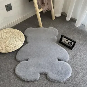 Gray cute bear shaped plush rug soft imitation rabbit hair floor mat for bedroom decor.