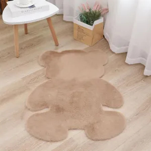 Cozy bear-shaped plush rug detail shot, soft fluffy bedroom floor mat, cute home decor scene.