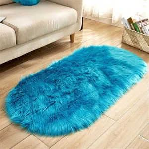 Oval faux sheepskin fluffy rug vibrant blue plush living room bedroom bedside floor mat
