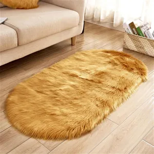 Oval faux wool plush rug for living room sofa and bedroom bedside cozy floor mat.