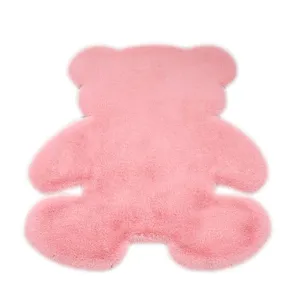 Cute pink bear fluffy rug for bedroom and bedside, soft plush floor mat and decor.