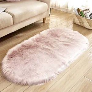 Pink oval faux fur rug fluffy shaggy area rug for living room bedroom bedside floor mat