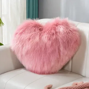 Pink heart shaped fluffy plush throw pillow nordic style soft faux fur cushion for sofa