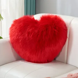 Nordic red heart plush pillow, faux wool heart-shaped cushion for sofa bedroom living room decor.