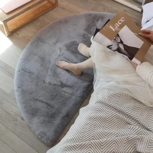 Grey half-circle faux rabbit fur rug, soft plush floor mat for bedroom, living room decor.