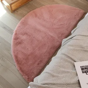 Soft pink semi-circular faux rabbit fur rug plush bedside floor mat for bedroom home decor