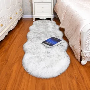 Plush faux fur runner rug with wavy edge and soft fluffy white texture for bedroom floor decor.