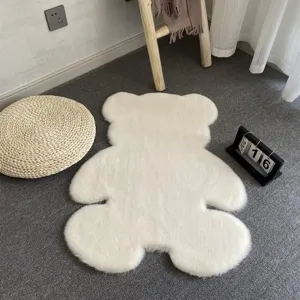Fluffy white bear shaped rug soft plush bedroom bedside floor mat cute home interior decor.