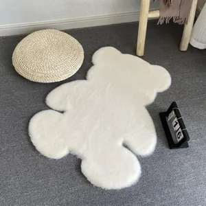 Faux rabbit fur bear shaped plush rug, soft white floor mat for bedroom and kids room decor.