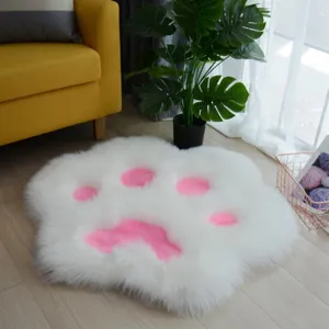 Cute cat paw plush rug fluffy white pink floor mat for children bedroom bedside decoration.