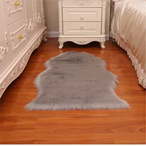 Grey faux fur fluffy area rug for bedroom bedside and living room European floor mat decor.