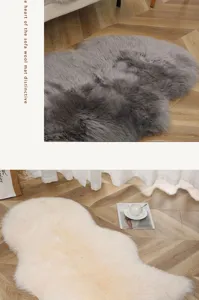 Close-up detail of fluffy sheepskin wool mat, soft texture for cozy living room decor.