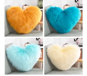 Heart-shaped long plush pillow fluffy faux wool cushion for sofa and office chair decor