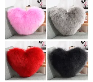 Faux fur heart pillow detail, soft plush cushion in multiple colors for sofa decoration.