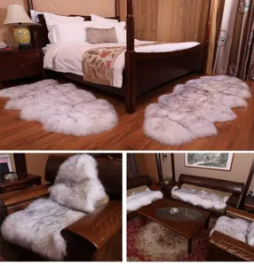 Detail view showing natural sheepskin rug and sofa cushion used in bedroom and living room.