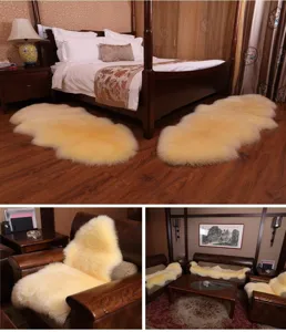 Detailed view of genuine sheepskin rug and wool sofa cushion for cozy home decor and floor mat.