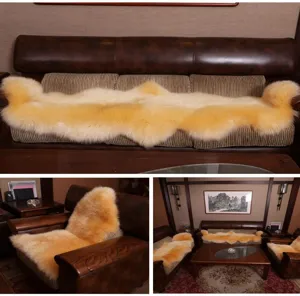Natural genuine sheepskin sofa cushion cover, fluffy long wool seat pad for living room.