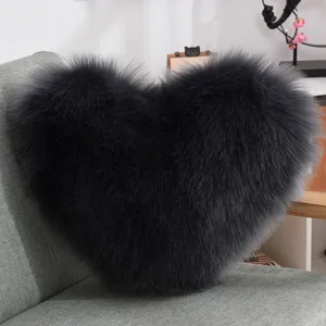 Heart shaped faux fur throw pillow in dark gray fluffy cushion for sofa lumbar decor.