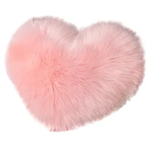Pink heart-shaped faux fur throw pillow soft fluffy plush cushion for sofa bedroom home decor