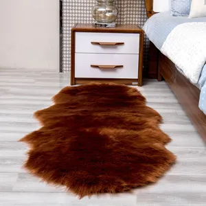Brown faux sheepskin fluffy area rug, soft shaggy furry bedside mat for bedroom living room