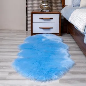 Fluffy blue faux fur rug for bedroom, soft plush non-slip floor mat for living room home decor