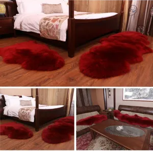 Red genuine sheepskin rug soft fluffy wool carpet for living room bedroom sofa mat set detail