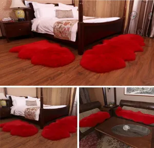 Fluffy red sheepskin rug and sofa cushion set, warm and soft plush fur home decor for living room.