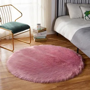 Pink fluffy round rug faux wool carpet for bedroom bedside soft floor mat living room home decor