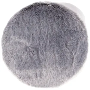 Round grey fluffy faux fur rug soft plush carpet for bedroom living room floor decor.