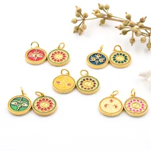 Enamel Thangka Buddha eyes charms, ancient gold color metal pendant for DIY jewelry making.