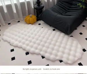 White fluffy bubble plush rug detail, soft thick textured chair pad and cozy home decor mat.