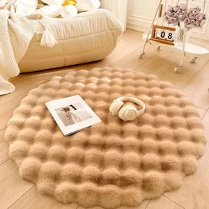 Cream style round plush rabbit fur rug for living room bedroom bedside coffee table soft