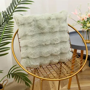 Sage green faux rabbit fur cushion cover, plush decorative pillow for sofa and bedroom.