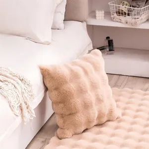 Cream luxury faux rabbit fur throw pillow cover soft plush cushion for bedroom sofa home decor