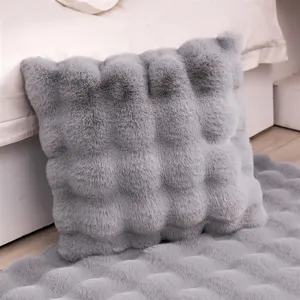 Grey faux rabbit fur plush cushion cover, fluffy texture pillowcase for sofa bedroom decor.