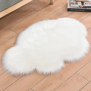 White faux fur cloud rug for living room bedroom, soft fluffy plush floor mat main view.