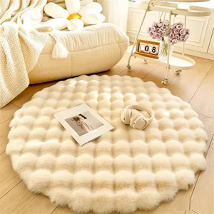 Cozy round fluffy rug for living room bedroom cream style soft faux fur floor mat cozy decor