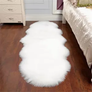 White fluffy faux fur rug for bedroom bedside, irregular long hair aesthetic cute floor mat