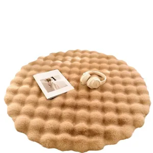 Round fluffy rabbit plush rug, cream style bubble textured floor mat for living room bedroom
