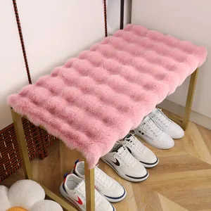 Pink fluffy bench cushion, thickened plush wave design shoe changing stool pad for entryway.